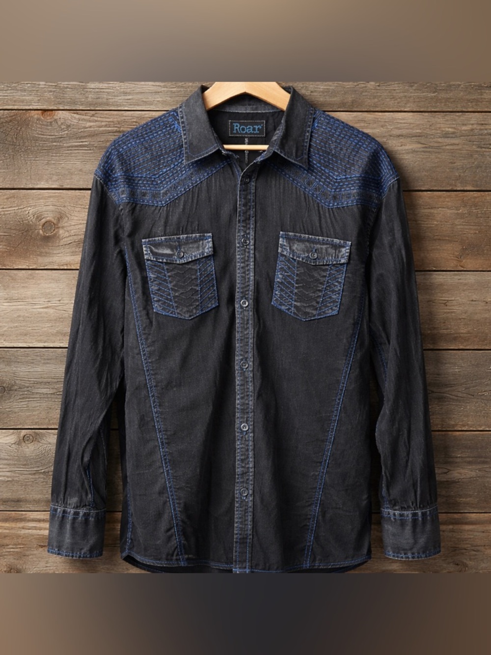 Roar Christian Stretch Shirt in black. Blue embroidery a washed finish. Size  XL